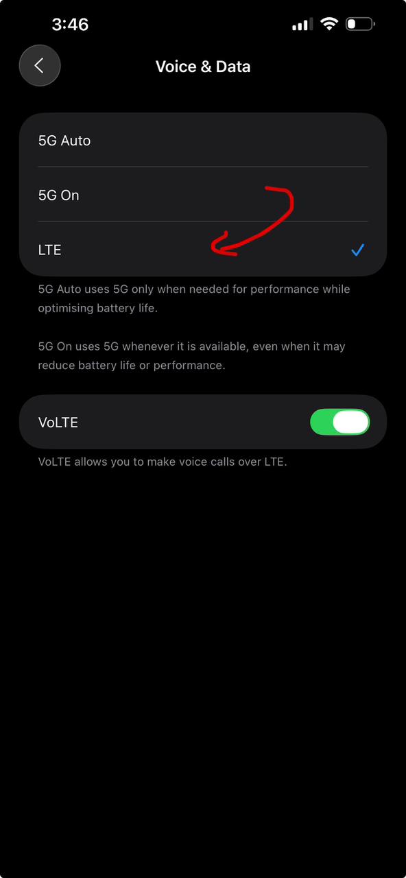 iPhone Voice & Data settings showing LTE selected and VoLTE enabled